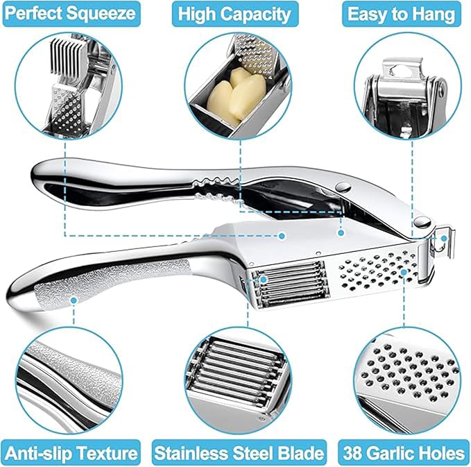 Garlic Press and Slicer 2 in 1, Rust Proof & Dishwasher Safe Professional Garlic Mincer Tool, Effortlessly Crush and Mince Garlic with this Ergonomic Handle-Garlic Slicer & Brush ANCQMI(Silver)