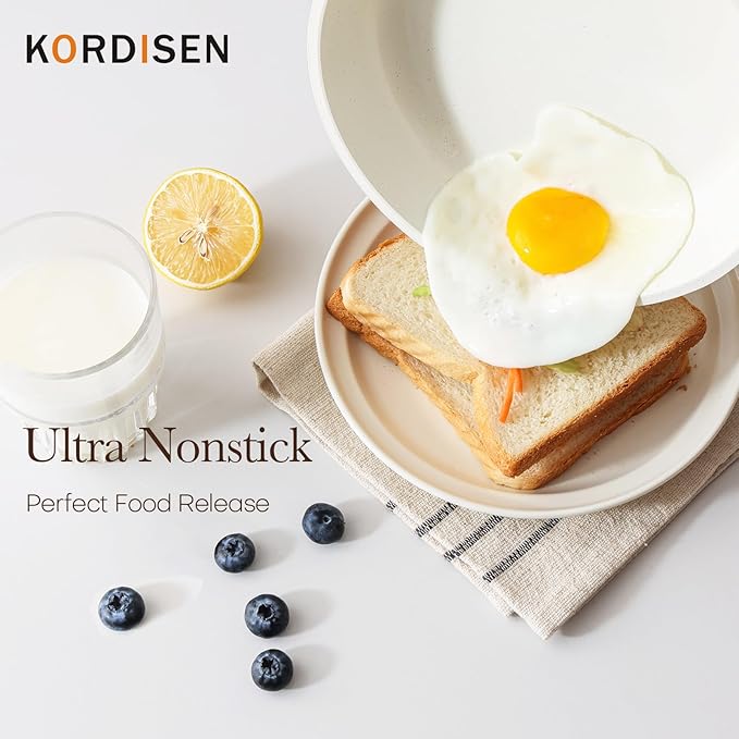 Kordisen Nonstick Ceramic Frying Pan Set, 3 Piece Ceramic Skillet Set, Healthy Non Toxic Cooking Pan, Stay-Cool Handle, Induction Compatible, PFOA & PFAS Free, White(9.5, 11, 12.5 Inch)