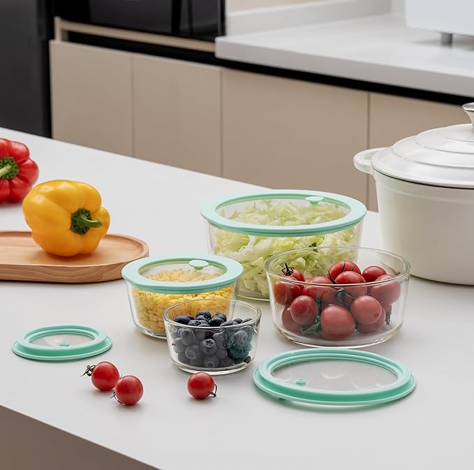 Urban Green Glass Food Container Set with Glass Lid, 4 Pack, Meal Prep Containers with Silicone Framed Airtight Lid, Leakproof, 100% Plastic Free,