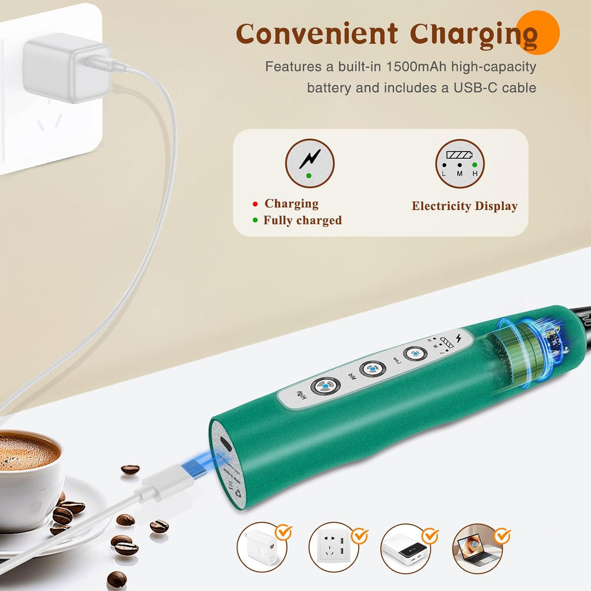 Milk Frother Handheld Rechargeable, Frother Wand Drink Mixer Electric Whisk for Coffee, Detachable With 3 Stainless Whisks, Hand Mixer for Lattes, Cappuccino, Matcha, Egg, No Stand, Green