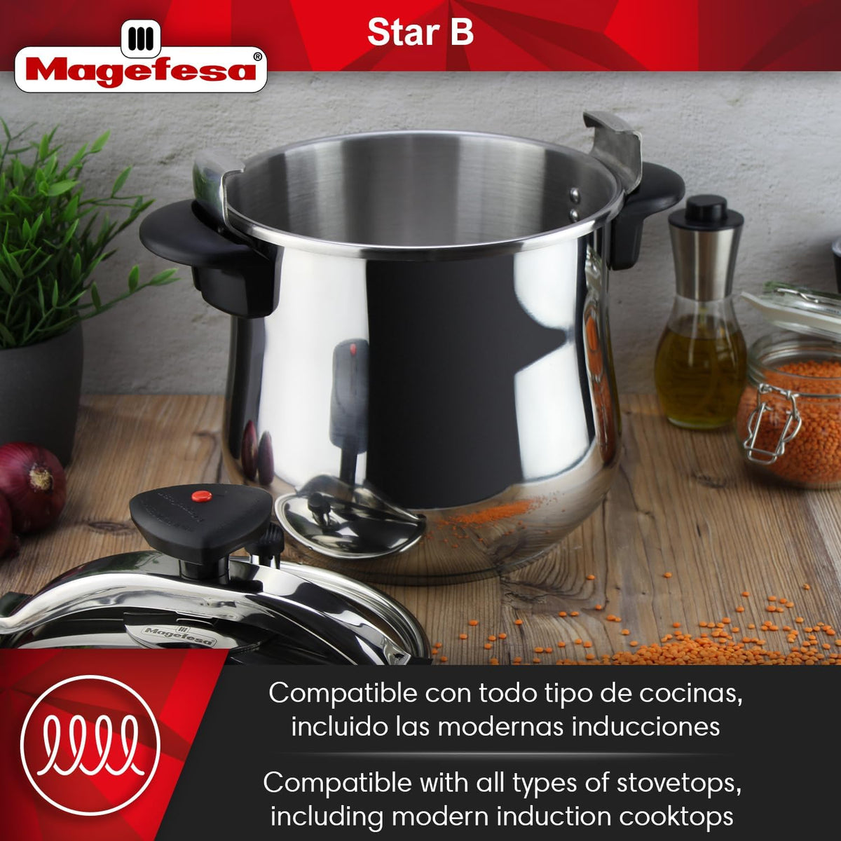 MAGEFESA Star Belly Pressure Cooker 8.4 Qt – 18/10 Stainless Steel, Rounded Bottom, 3 Safety Systems, Works on All Stovetops Including Induction, 8 PSI