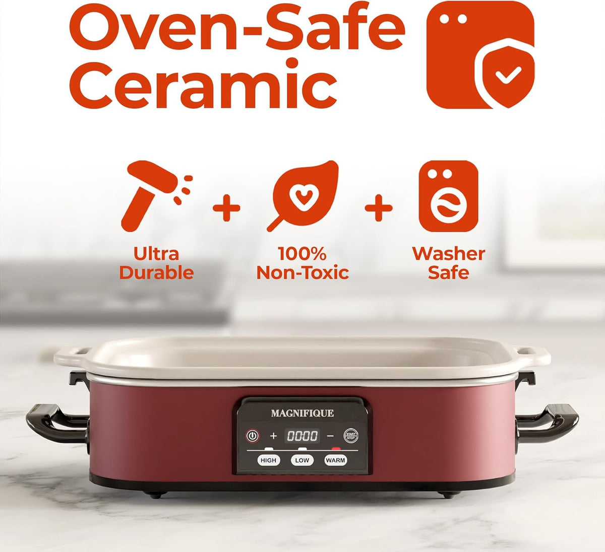 Magnifique 4 Quart Casserole Digital Slow Cooker, Premium Ceramic Bakeware for Oven, Dishwasher Safe Baking Dish, Red