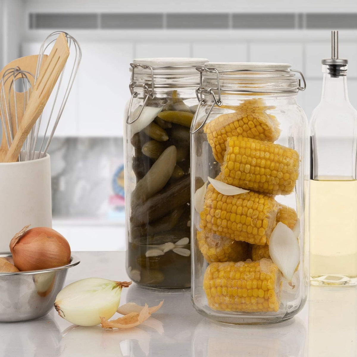 Set of 3 Glass Mason Jar 64 Ounces with Airtight Lid Large Jars With Stainless Steel Bail And Trigger Clamps