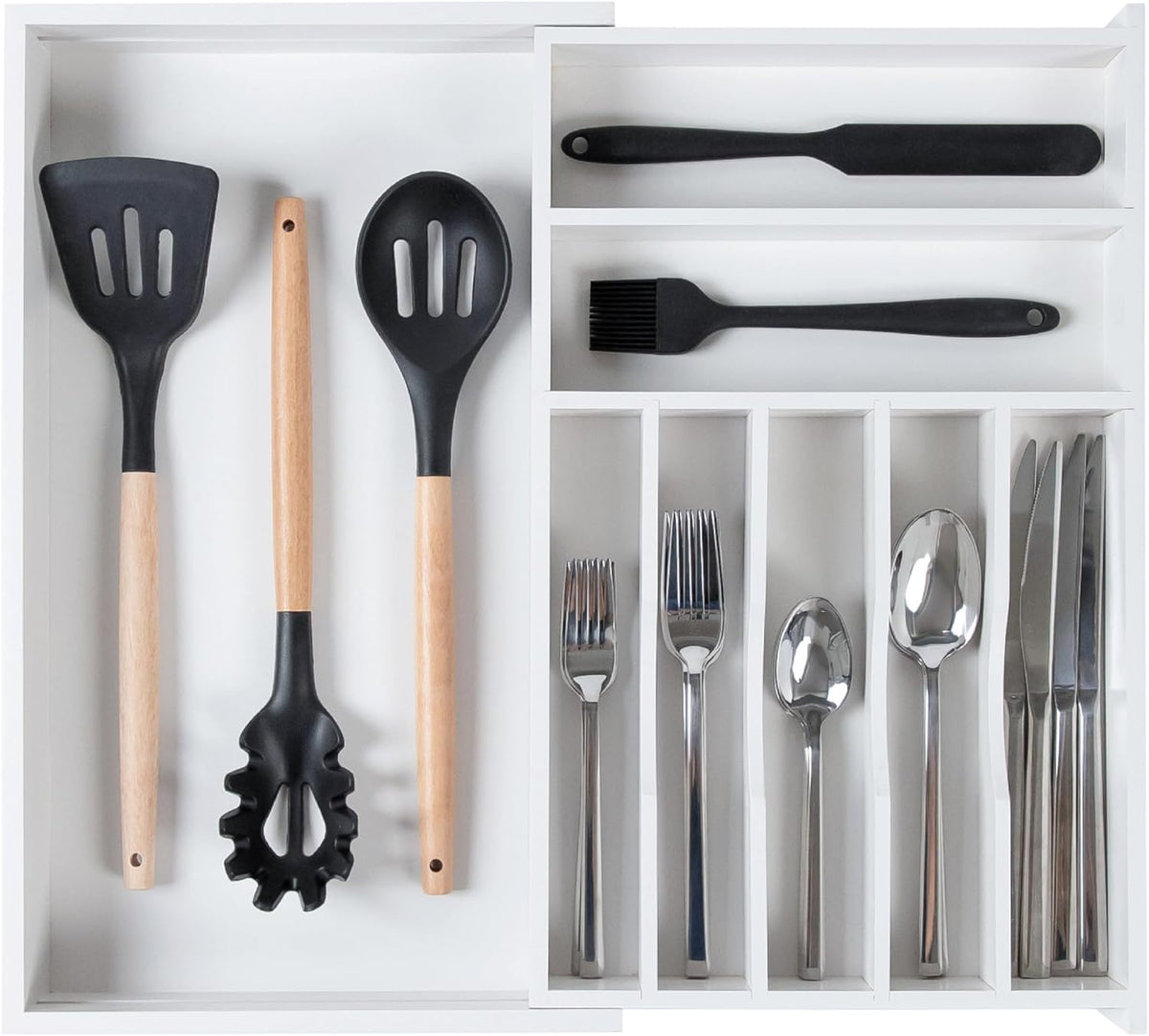 KitchenEdge Premium Silverware, Flatware and Utensil Organizer for Kitchen Drawers, Food-Safe Contract Grade, Expandable from 10.5 to 19 In, White Bamboo