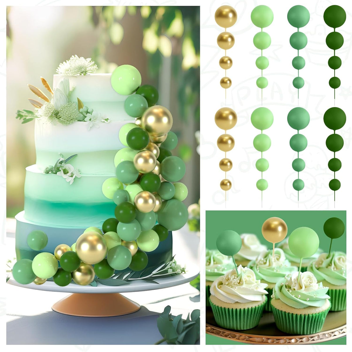 48 Pcs Balls Cake Topper Decorations Balloon Cupcake Toppers Foam Cake Topper Balls Cake Balls Decorations for Birthday Party Cake Decorating (Green, Gold)