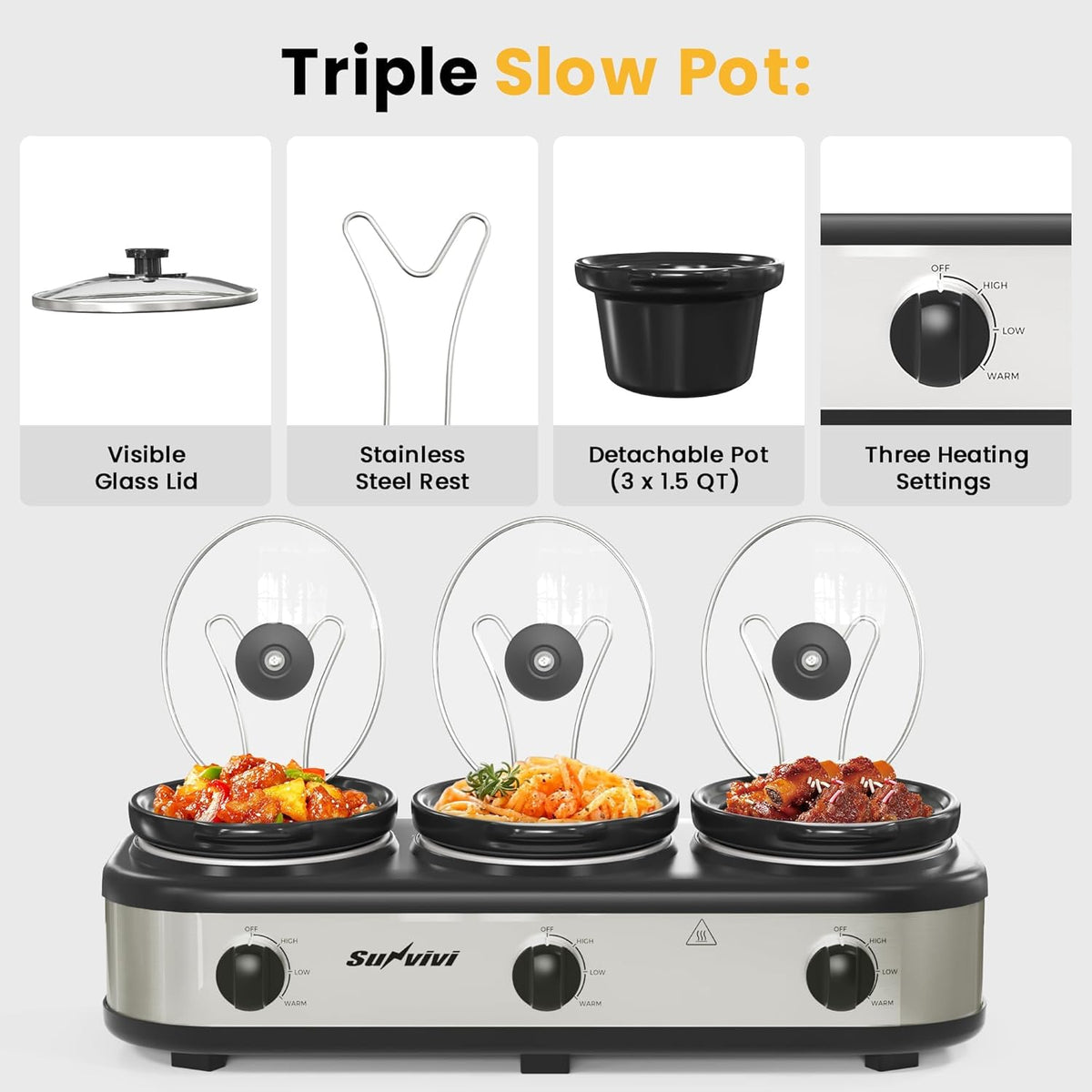 Sunvivi Triple Slow Cooker, Buffet Server and Food Warmer, Small Mini Pot with 3 Adjustable Temp & 3 Visible Glass Lids, for Parties, Holidays and Entertaining, Stainless Steel, 3 * 1.5 Quarts