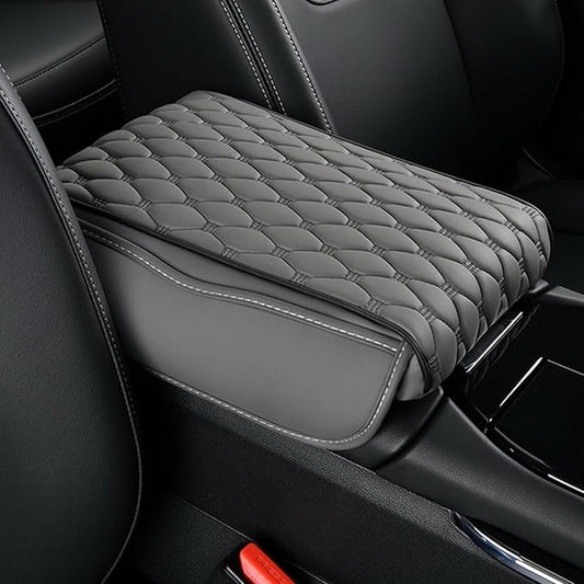 Center Console Armrest Cover, Universal Leather Waterproof Armrest Seat Box Cover Protector, Car Armrest Cover Cushion with 2 Storage Bags(Black) (Gray)