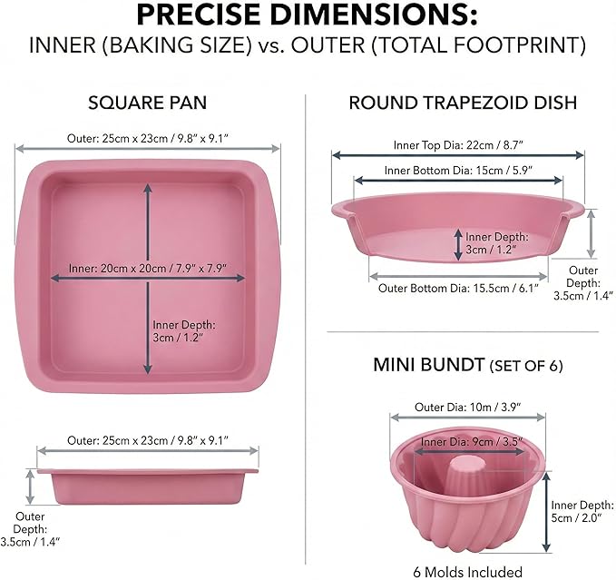Platinum Silicone Baking Molds Set (8pc) - 100% Fumed Silica Non-Stick - Square Pan, Round Dish & 6 Mini Bundts - BPA Free, Pinch Test Passed, Oven Safe 446°F (Dusty Rose)