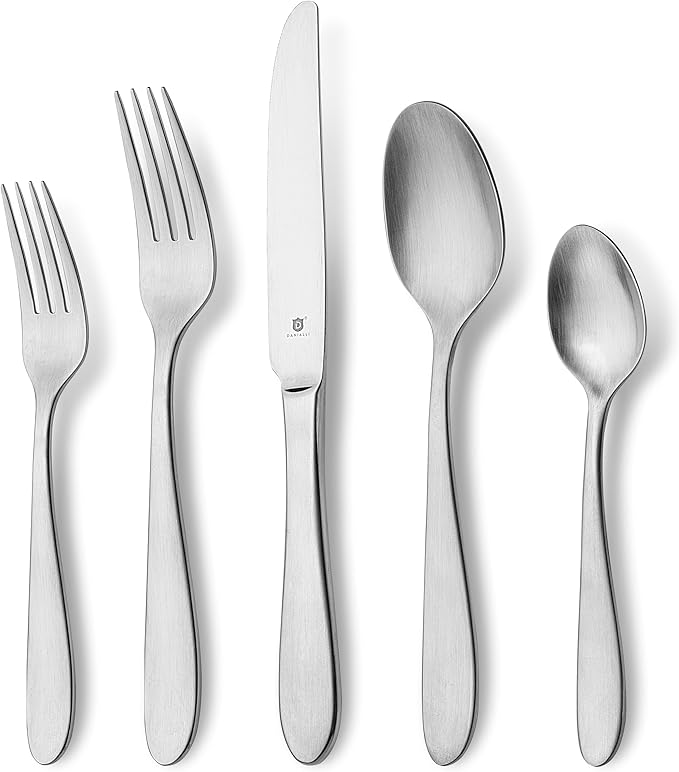 Matte Silverware Set, 18/10 Stainless Steel Satin Flatware, Modern Brushed Finish Cutlery, Dishwasher Safe & Durable, Built to Last (40-Piece, Razzoli)