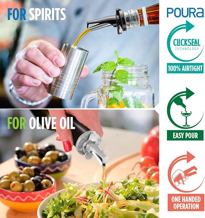 3-in-1 Liquor Pour spout with Built-in Fruit Fly Protection - Dishwasher Safe Hygienic Alcohol Speed Spouts - Also for Olive Oil, Juice, Syrup. Black 6 Pack with 6 Adapters for Large Neck Bottles
