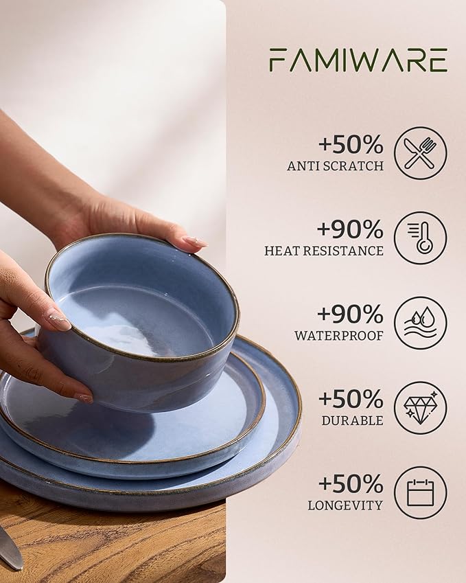 Famiware Annecy Plates and Bowls Sets, Service for 4 (16 Pieces), Dinnerware Sets with Pasta Bowls, Microwave and Dishwasher Safe Dishes Set, Chip and Scratch Resistant, Reactive Blue