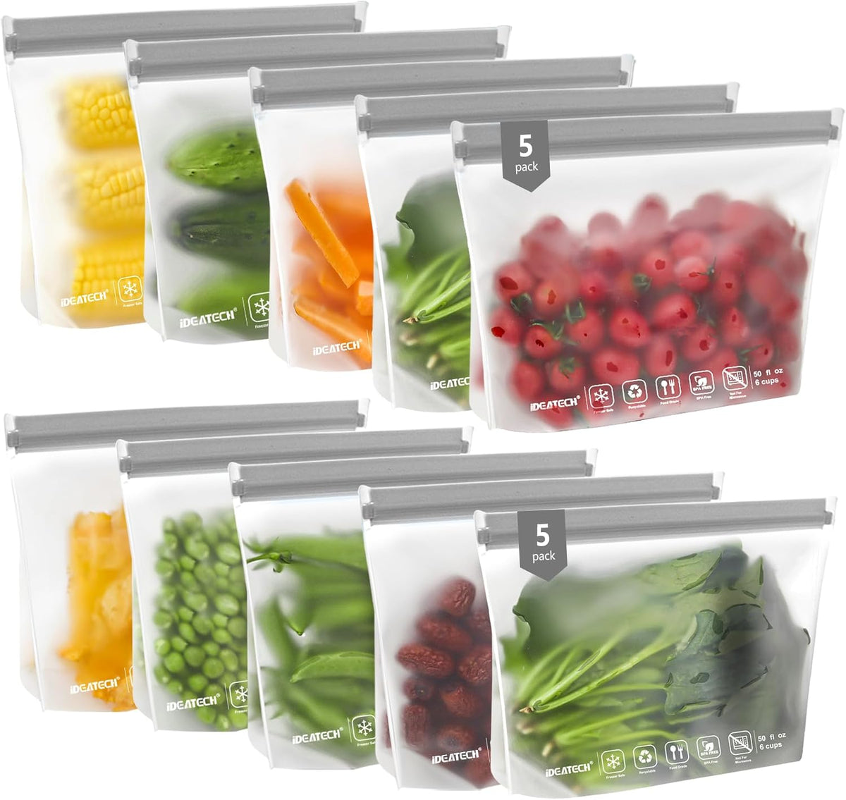 IDEATECH Quart Freezer Bags, BPA Free PEVA Reusable Sandwich Snack Bags, Quart Size Food Baggies Containers for Travel, Lunch, Healthy Food (Grey, 10Pack-10Quart)
