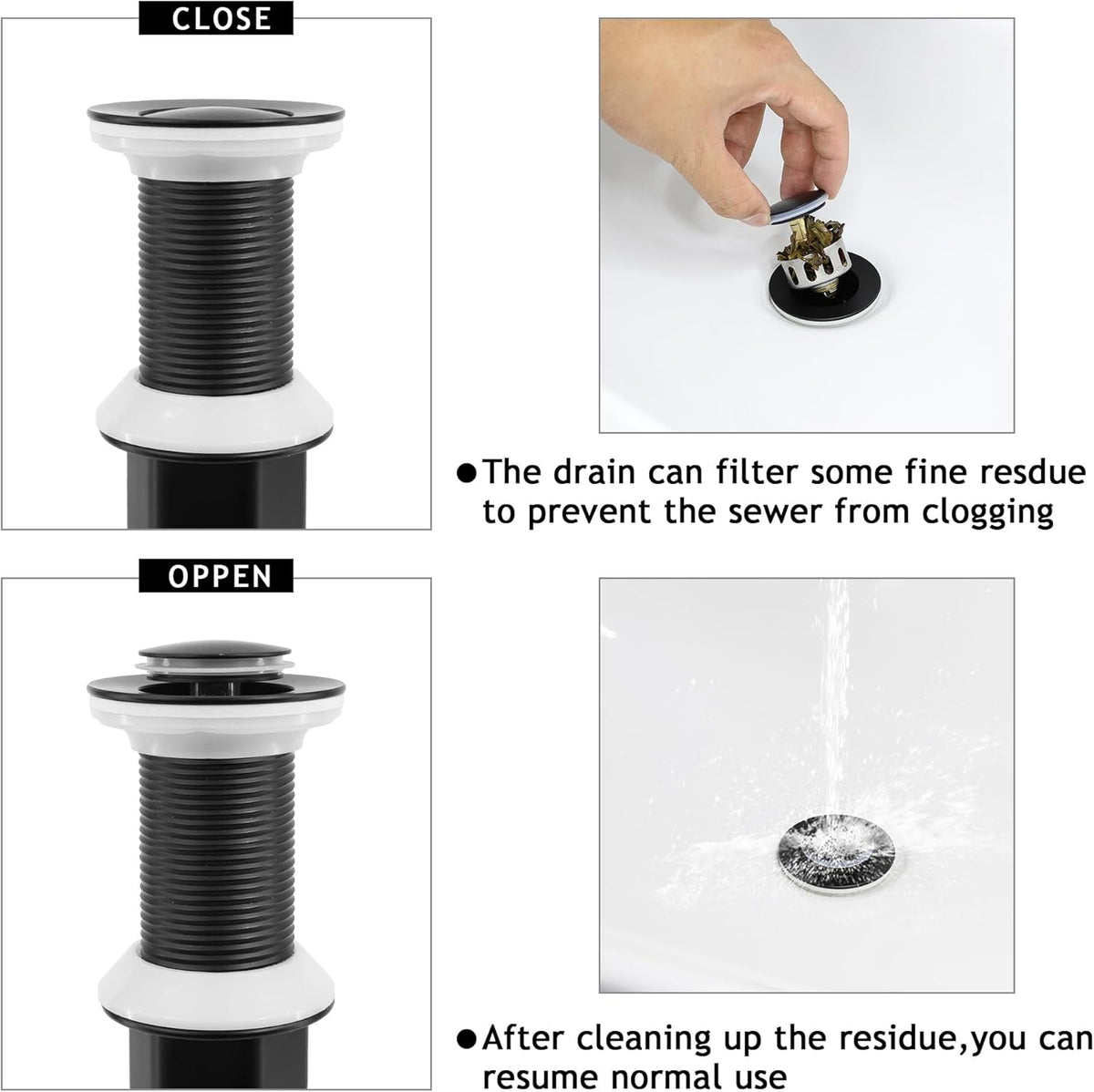 Bathroom Sink Drain,5 Pack Matte Black Drain Stopper Without Overflow,Small Cap Pop Up Drain Assembly with Detachable Strainer Basket,Built-in Anti-Clogging, Stainless Steel Nut