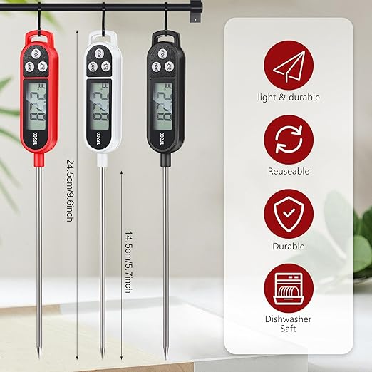 3 Pcs Instant Read Meat Thermometer with Long Probe 9.65 Inch Kitchen Cooking Food Candy Waterproof Digital Thermometer for BBQ Water Milk Yogurt Liquid Cooking (Black,White,Red)