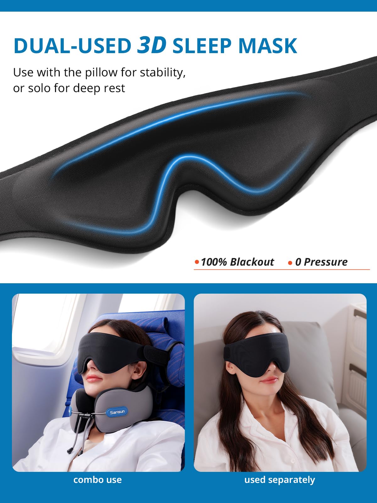 SARISUN Neck Pillow Airplane,w/Seat Strap Support,3D Eye Mask for Travel