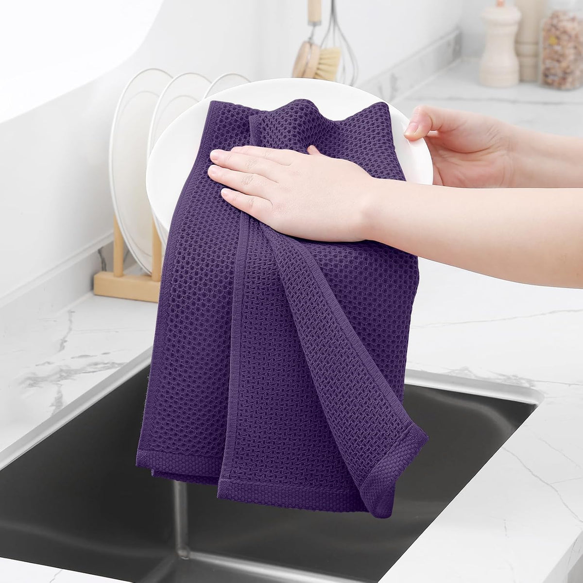 Homaxy 100% Cotton Waffle Weave Kitchen Dish Towels, Ultra Soft Absorbent Quick Drying Cleaning Towel, 13 x 28 Inches, 8-Pack, Eggplant