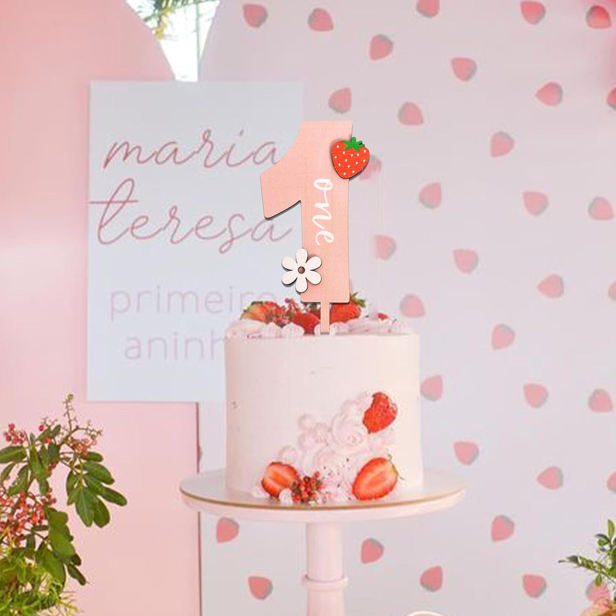 Strawberry One Cake Topper - Flower Wooden Cake Topper, Berry First Birthday Cake Decoration for Baby Shower, Birthday Party, Anniversary, Baby Photo Booth Props, Cake Smash...