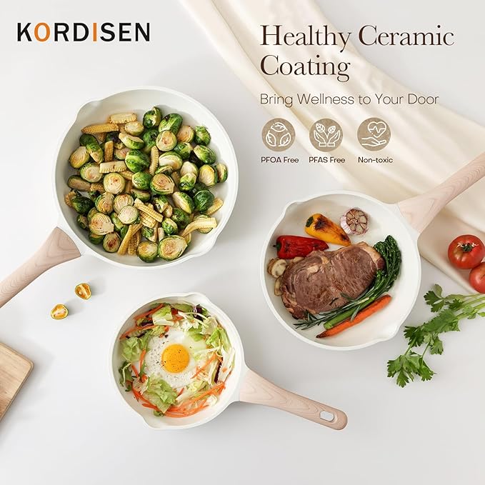 Kordisen Nonstick Ceramic Frying Pan Set, 3 Piece Ceramic Skillet Set, Healthy Non Toxic Cooking Pan, Stay-Cool Handle, Induction Compatible, PFOA & PFAS Free, White