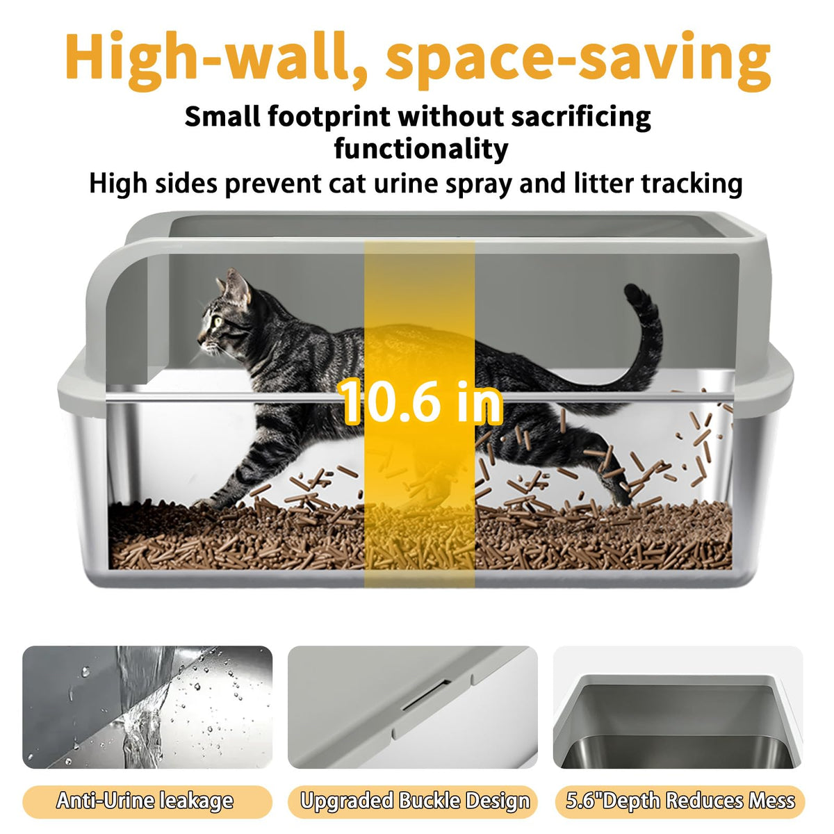 Camvivid Stainless Steel Cat Litter Box 2 Pack - High Side Pan with Anti-Tracking Step,Rolled Edge & Leak-Proof Base,Cover,Scoop,Anti-Slip Pads,Easy Clean Toilet for Senior Large Indoor Cat Gray