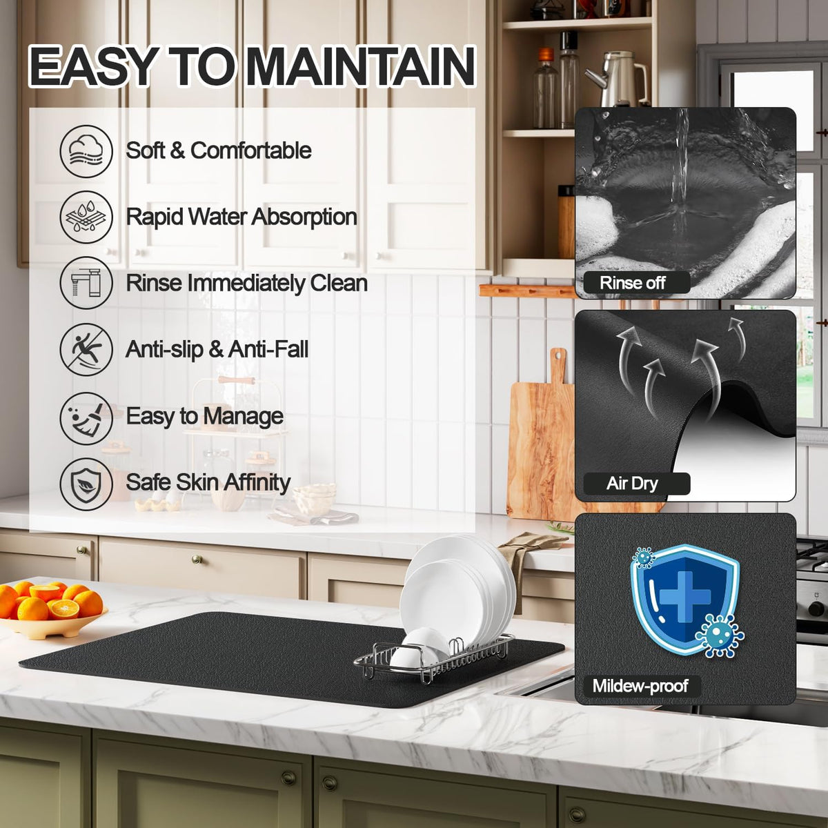 Dish Drying Mat for Kitchen Counter | Coffee Bar Mat for Countertops | Heat Resistant Drainer Mat with Non-slip Rubber Backed | Hide Stain Kitchen Absorbent Draining Mat | Black 16"x20"
