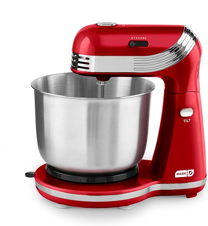 DASH Stand Mixer (Electric Mixer for Everyday Use): 6 Speed Stand Mixer with 3 qt Stainless Steel Mixing Bowl, Dough Hooks & Mixer Beaters for Dressings, Frosting, Meringues & More - Red, DCSM250RD