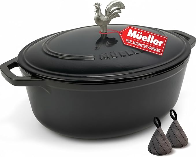 MUELLER HOME 5.5 Quart Enameled Cast Iron Oval Dutch Oven with Rooster Knob & Cotton Potholders, Heavy-Duty Cookware, Oven-Safe up to 500° F & Across All Cooktops, Gifts for Grandma & Women, Black