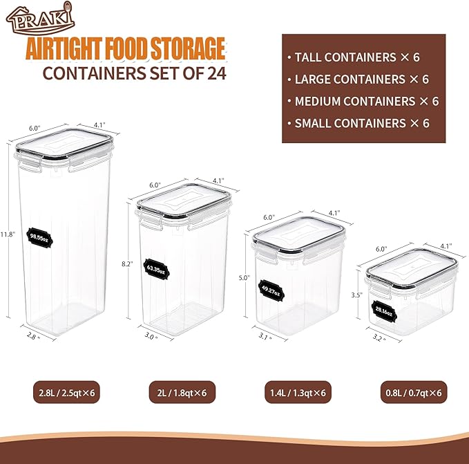 PRAKI Airtight Food Storage Containers Set with Lids - 24 PCS, BPA Free Kitchen and Pantry Organization, Plastic Leak-proof Canisters for Cereal Flour & Sugar - Labels & Marker(Grey)