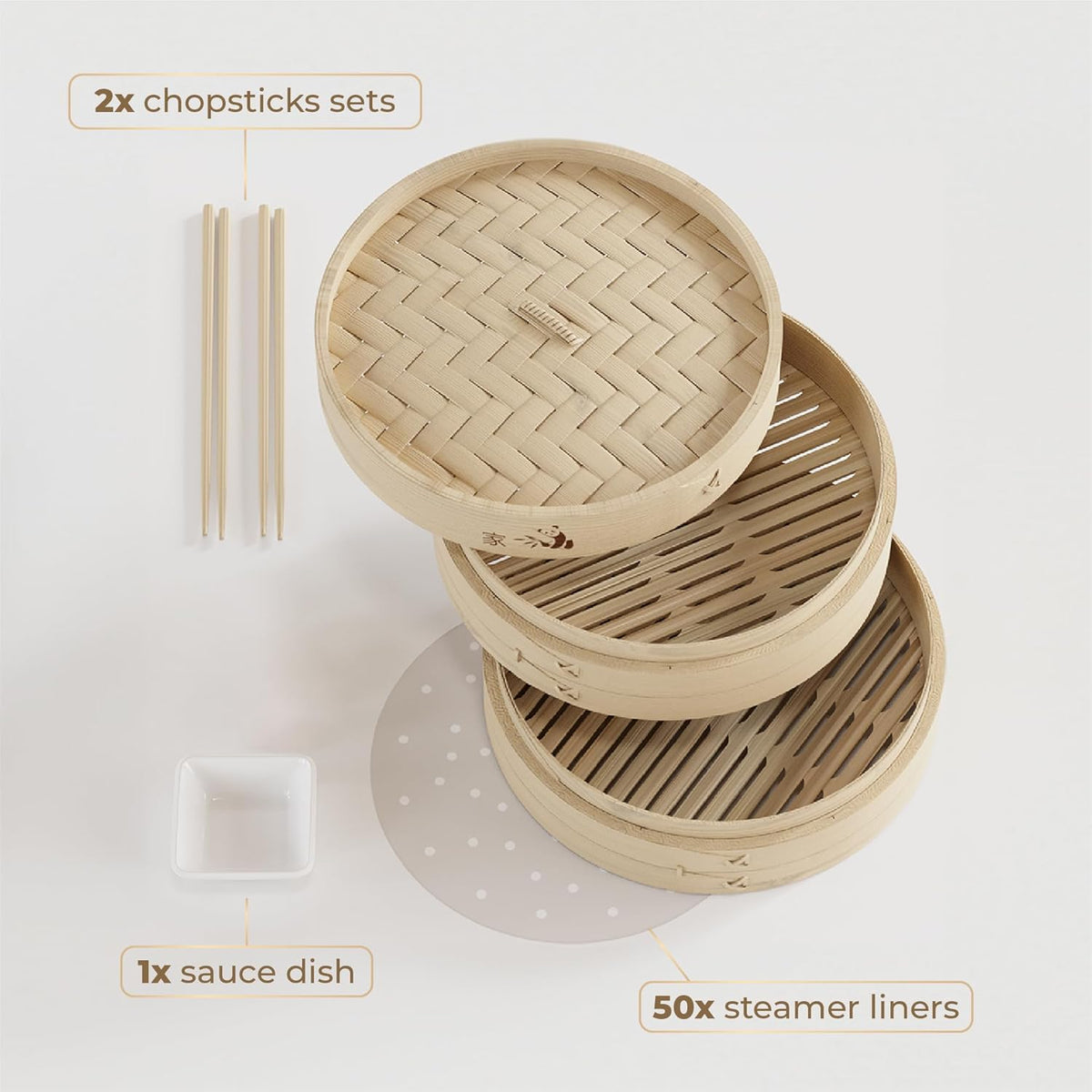 Prime Home Direct Bamboo Steamer Basket 12-Inch | 2-Tier Steamer for Cooking | 50 Liners, Chopsticks, Sauce Dish | Steaming Asian Food, Bao Buns, Chinese, Dim Sum, Dumpling, Rice, Vegetable Steam Pot