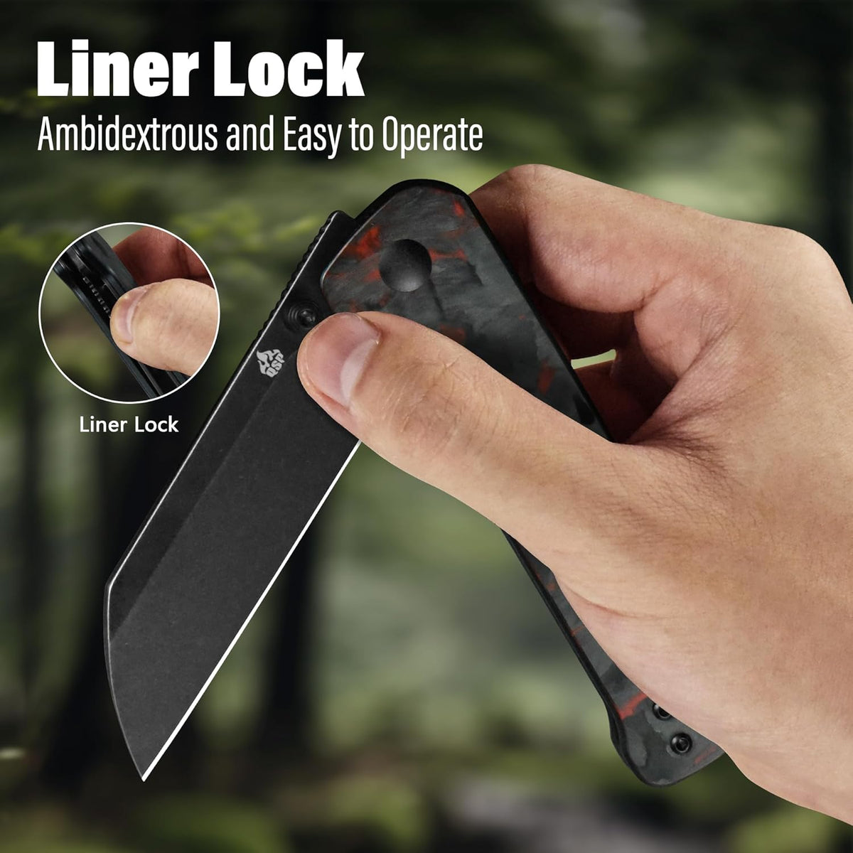 QSP Penguin V2 Folding Pocket Knife, 3.06" D2 Black Stonewash Blade EDC Knife, Red Shredded CF Overlay G10 Handle, Liner Lock, Ceramic Ball Bearings, Reversible SS Deep Carry Clip