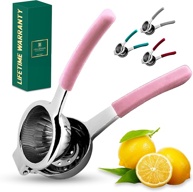 Bellemain Citrus Juicer | Metal Lemon Squeezer | Lime and Lemon Juicer Stainless Steel with Silicone Handles | Manual Juicer, Citrus Squeezer, Hand Held Juicer | Bar Juicer for Bartender (Pink)