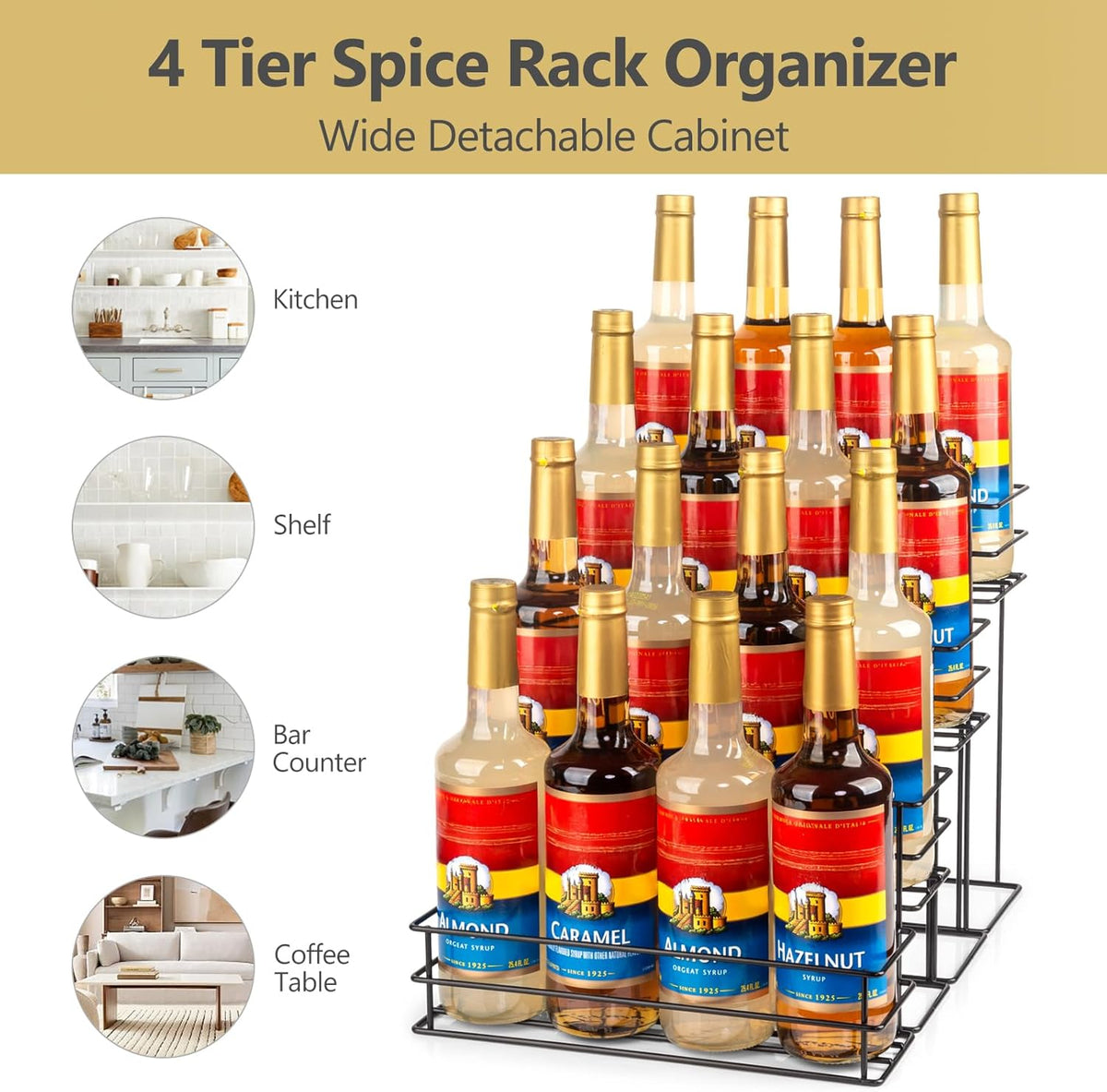 16 Bottle Capacity Coffee Syrup Organizer 4 Tier Coffee Syrup Stand Shelf for Coffee Bar Accessories for Coffee Bar Kitchen Small Wine Rack for Bar Family Storage for Syrup Wine Dressing