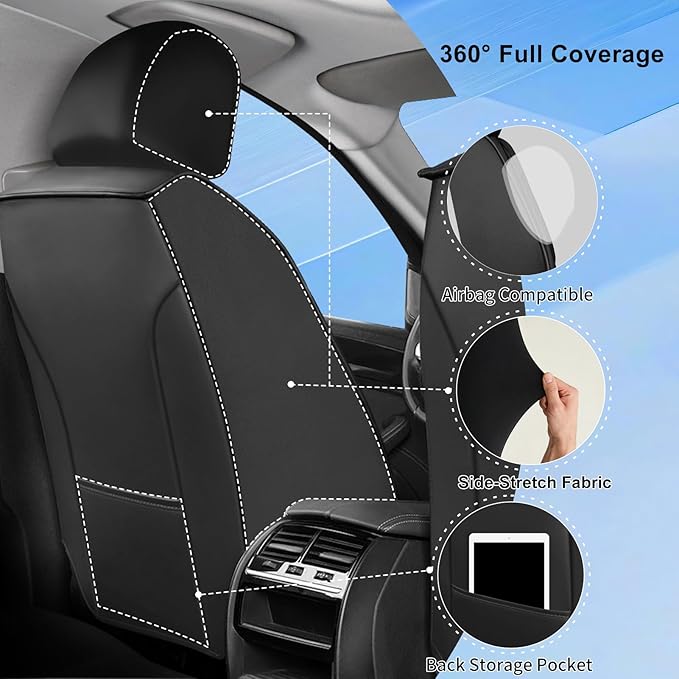 Fit Accord Car Seat Covers (Front Pair) for Select Honda Accord 2012-2026 - Premium Full Coverage Leather, Airbag Compatible, Waterproof & All Weather Seat Cushion Protector, Black