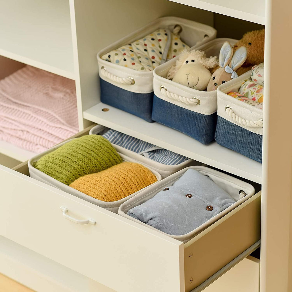 TcaFmac Organization and Storage Cubes - 12x8x5.2 inch Small 6 Pack Collapsible Storage Bins for Sheves, Fabric Storage Basket for Gifts Empty for Closet Cloth Toy Kids Books(White & Jean Blue)