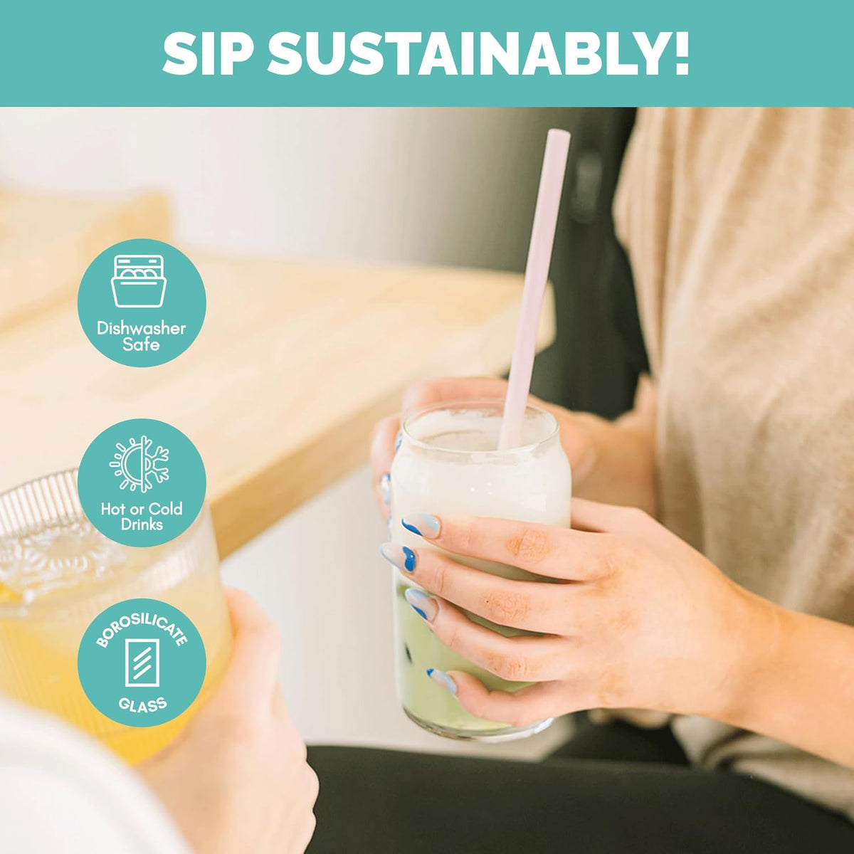 Simply Straws 8 Inch Glass Straws Straight (6-Pack) – Reusable Glass Straws for Pints & Juice Drinkware, with Cleaning Brush – Dishwasher Safe, Hot & Cold Use, BPA-Free (Iridium)