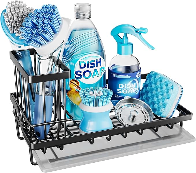 Consumest Sink Caddy, Kitchen Sponge Holder with Dish Brush Holder, Kitchen Sink Organizer with Drip Tray for Countertop Stainless Steel Rustproof, Black-Large
