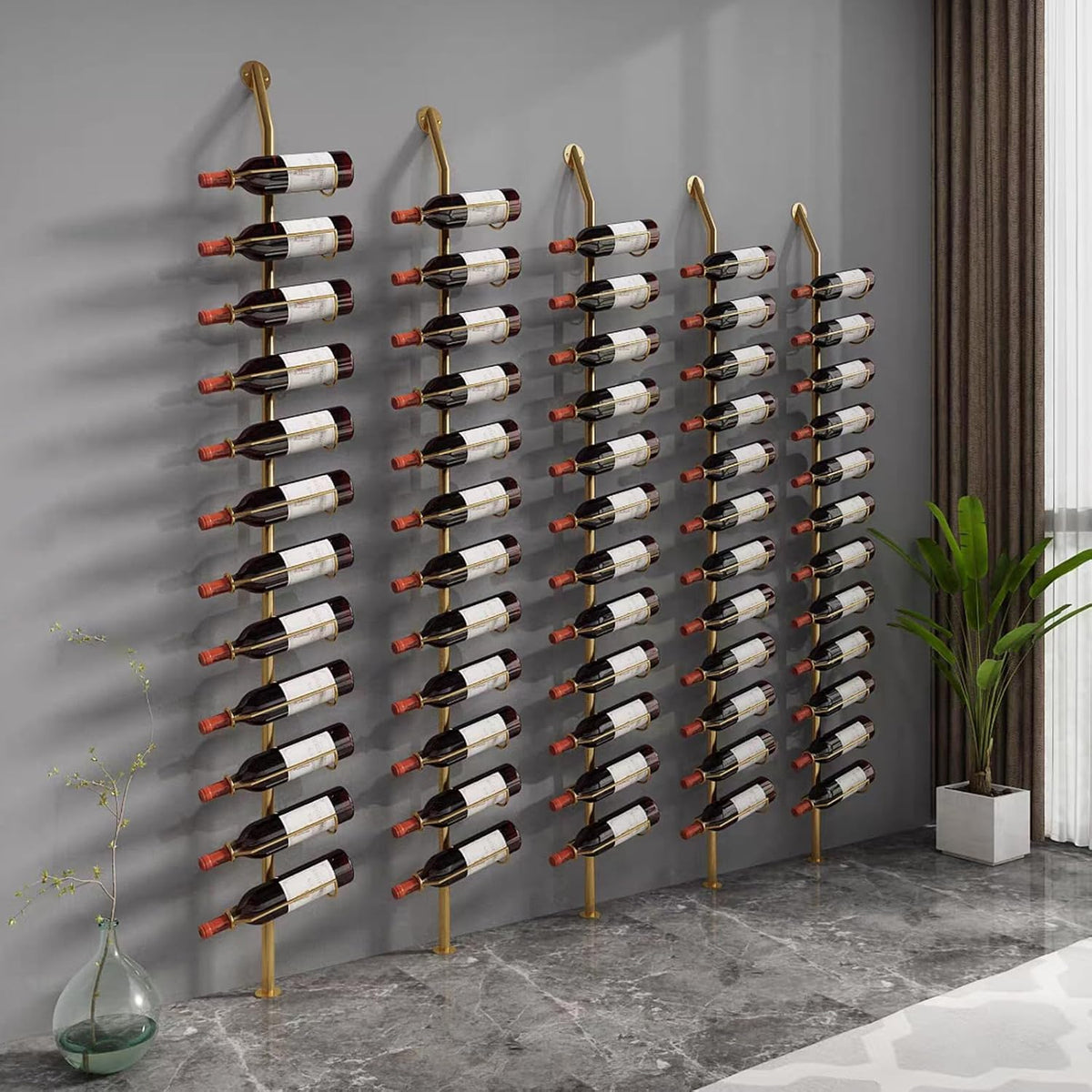 Wine Rack Wall Mounted, 72.8in High Metal Wine Bottle Holder for 12 Bottles, Kitchen Organization and Wine Storage for Commercial Restaurants Pantry Bar Wine Cellar (Gold, Three rows-36 Bottles)