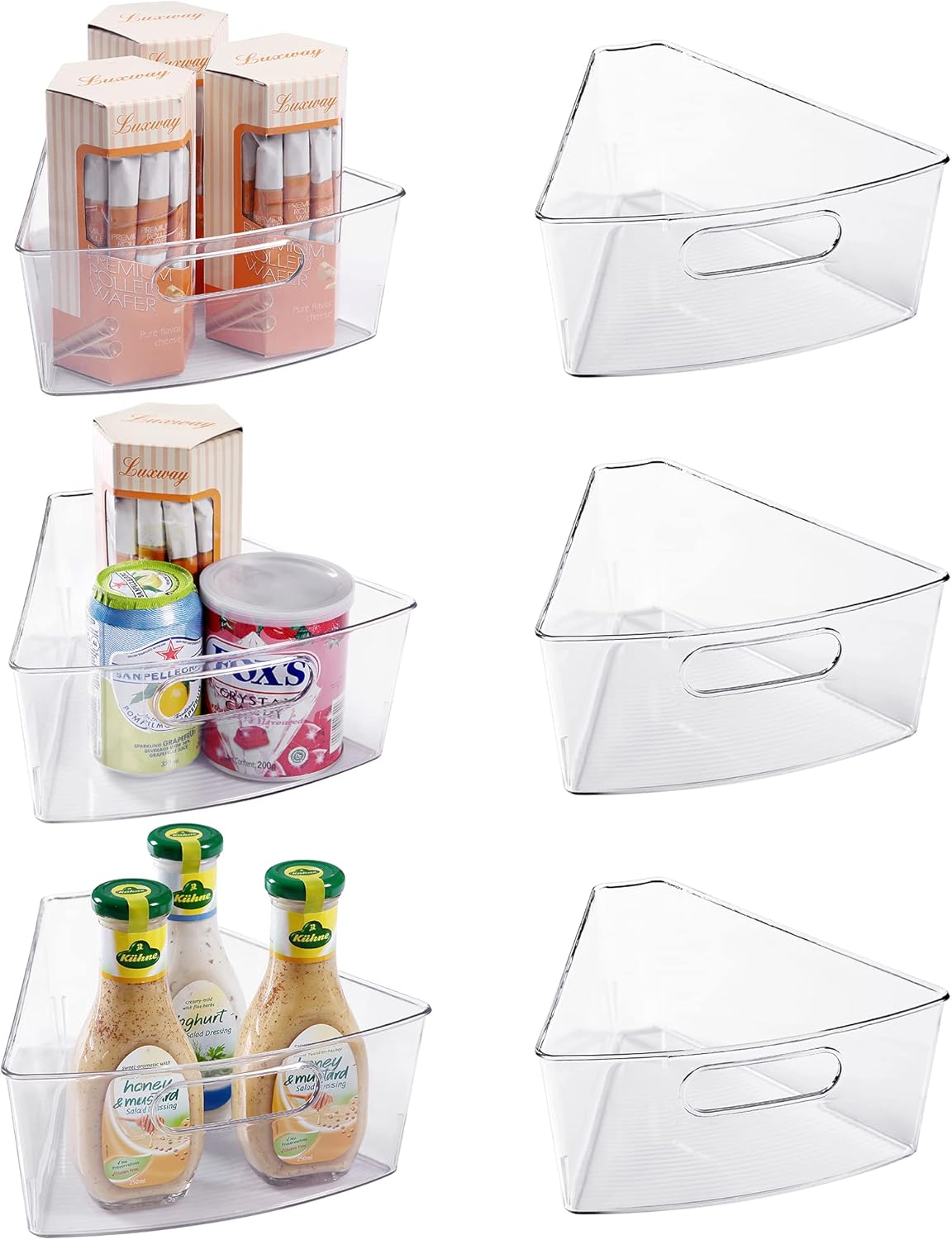Oubonun Lazy Susan Organizers Set of 6, 12.8’’ x 11.7’’ x 4’’ Plastic Transparent Kitchen Cabinet Storage Bins with Handle, 4" Deep Container, 1/8 Wedge - Food Safe, without BPA