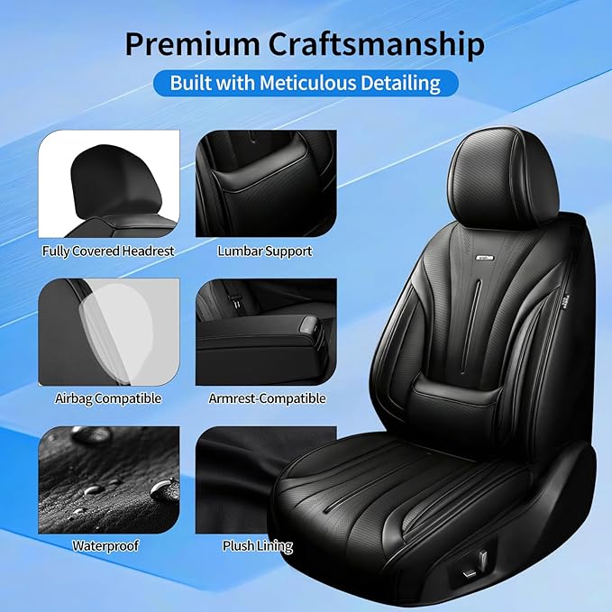 Car Seat Covers for Select Honda Fit 2007-2020, Premium Full Coverage Leather, Airbag Compatible & Scratch-Resistant, Waterproof & All Weather Breathable Seat Protector, Full Set, Black