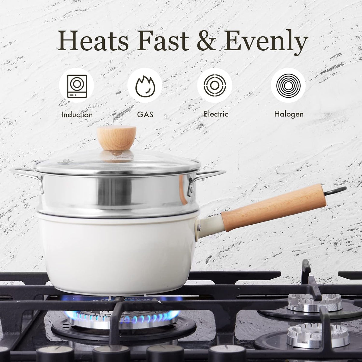 ROCKURWOK Ceramic Nonstick Sauce Pan with Lid, 2 Quart Cooking Pot, Small Saucepan with Steamer, PTFE & PFAS-Free, Wooden Handle for Cool Touch, Universal Base(Gas, Electric & Induction), White
