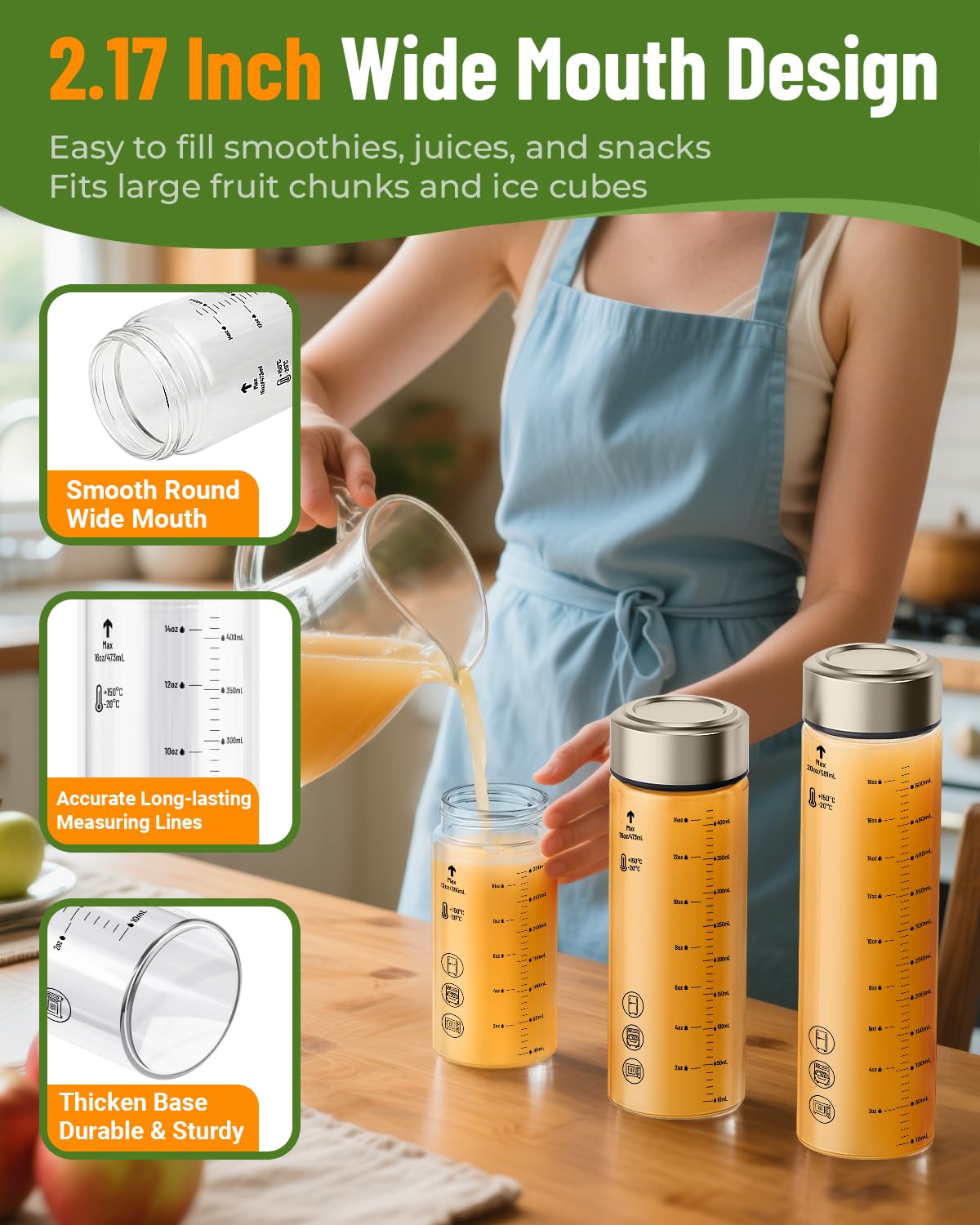 Zukro 20 oz Borosilicate Glass Water Bottles with Stainless Steel Lids and Measurement| Reusable Leakproof Drinking Bottles for Juicing, Smoothie, Protein| 4 Pack Wide Mouth BPA-Free Juice Container