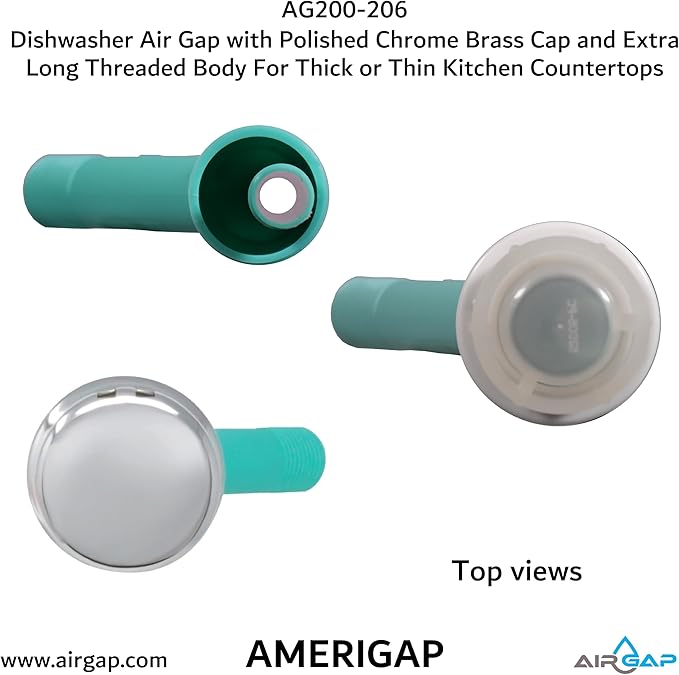 Dishwasher Air Gap with Skirted Polished Chrome Brass Cap and Extra Long Threaded Body for Thick or Thin Kitchen Countertops (AG200-206, AG200-X06, AMERIGAP)