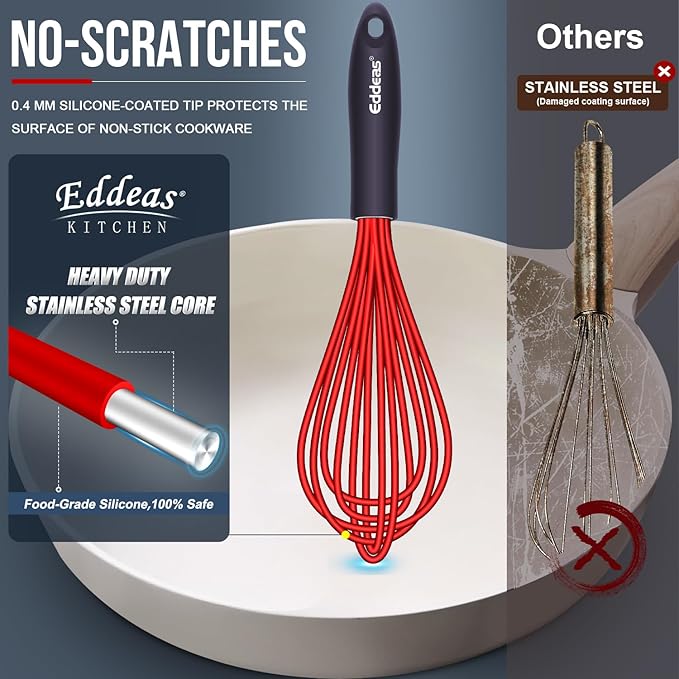 Silicone Whisk, 500°F Heat Resistant Whisks For Cooking, Non-Scratch Coated Whisks set of 3 7",9"&11inch, Balloon Kitchen Wisk tool Set, for Wisking, Blending, Beating, Stirring, Red