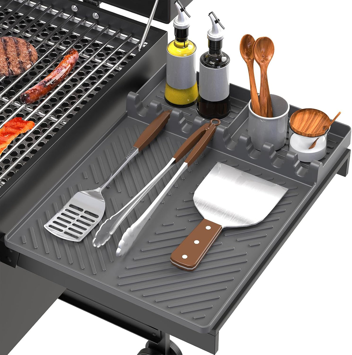 Silicone Grill Mat Compatible with Blackstone, Silicone Griddle Tools Mat with Drip Pad, Spatula Mat for Outdoor Grill Kitchen Counter (Grey)