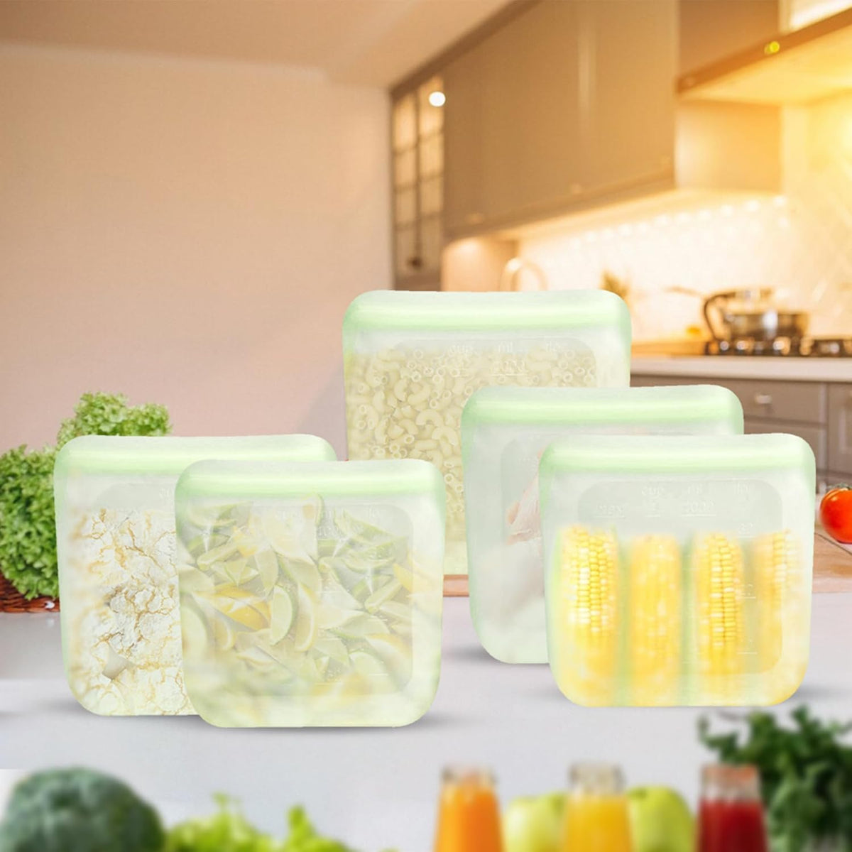 purifyou Set of 5 Reusable Silicone Storage Snack Bags 6oz / 16oz / 32oz / 64oz Self-Seal Food Storage Container for Fruits, Vegetables, Sandwiches, Dishwasher Safe & Leak-free (LimeCream, 32oz)