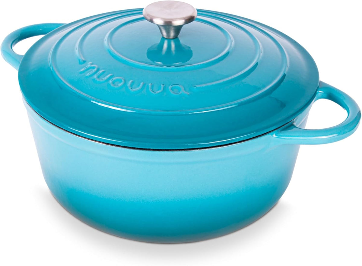 Nuovva Enamelled Cast Iron Dutch Oven Pot with Lid 6.4 Quart Non Stick Casserole Pot – Heavy Duty & Oven Safe up to 500° F for Bread Baking, Braising, Stews, Roasting – 28cm Light Blue
