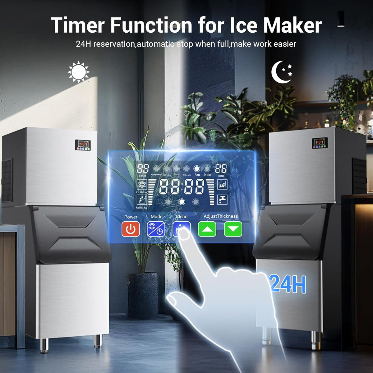 600LBS/24H Commercial Ice Machine Maker with 400LBS Storage Bin, Large Industrial Ice Maker, Self-Cleaning, Timing Function, 156 Ice Cubes Ready in 5-15min, Adjustable Ice Thicknesses