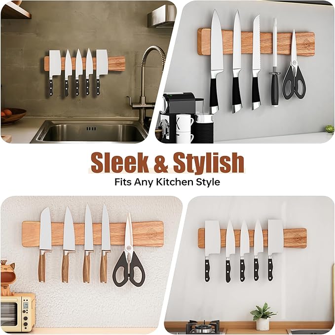 Magnetic Knife Strip, 16 Inch Magnetic Knife Holder for Wall with N52 Strong Magnets, Premium Oak Wooden Knife Magnetic Strip Organizer for Kitchen Knives & Tools,No Drilling