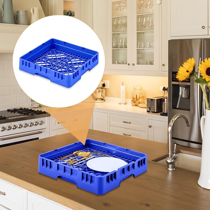 1 Pack Commercial Dishwasher Tray Rack Polypropylene Full Size Flatware Rack for Bowls Plates Knives Forks Cups (Basic,Blue)