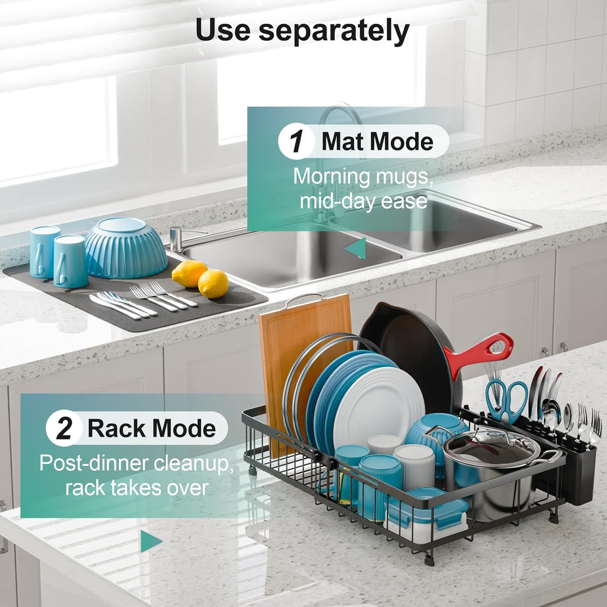 GSlife Large Dish Drying Rack - Full Size Expandable Dish Racks for Kitchen Counter, Rust Resistant Dish Drainer with Absorbent Drying Mat Cutlery Holder, 16.5"-21.3" L x 14.7" W, Black