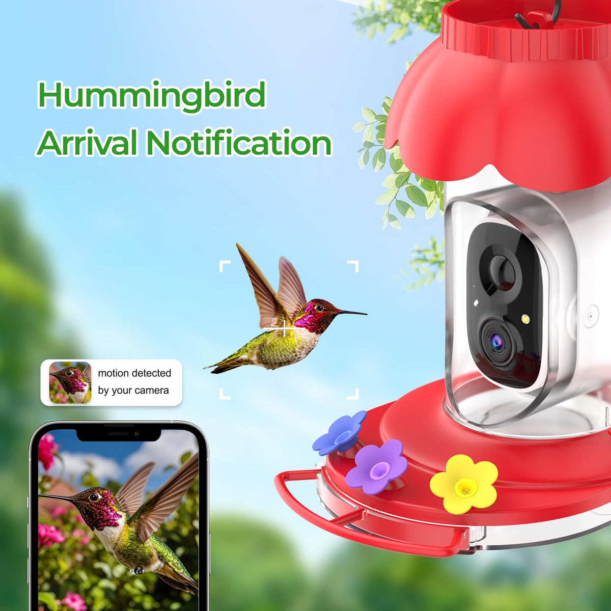 Smart Hummingbird Feeder with Camera Solar Powered, 2K Live View Humming Bird Watching Camera, AI Identify, Instant Notifications, Ant and Bee Proof, 3 Color Feeding Ports,Hanging on Porch Patio